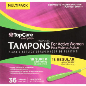 TopCare Everyday For Active Women Super/Regular Absorbency Plastic Applicator Unscented Tampons Multipack 36 ea