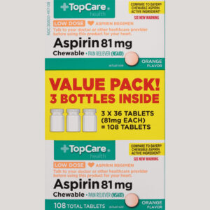 TopCare Health 81 mg Low Dose Orange Flavor Aspirin Value Pack 108 Chewable Tablets