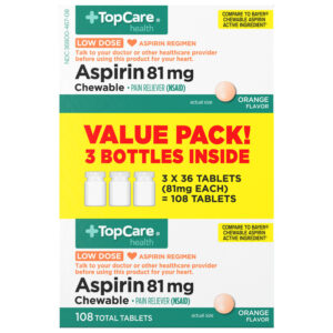 TopCare Health Orange Flavor 81 mg Aspirin Value Pack 3 - 36 Tablet Bottles