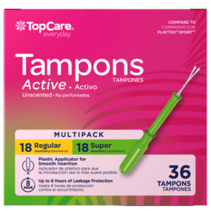TopCare Everyday Active Plastic Applicator Regular/Super Unscented Tampons Multipack 36 ea