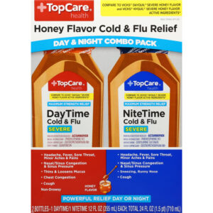 TopCare Health DayTime/NiteTime Severe Maximum Strength Relief Honey Flavor Cold & Flu Day & Night Combo Pack 2 - 12 fl oz Bottles