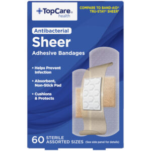TopCare Health Antibacterial Sheer Assorted Sizes Adhesive Bandages 60 Each