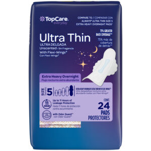 TopCare Everyday Ultra Thin Extra Heavy Overnight Unscented Size 5 Pads with Flexi-Wings 24 Each