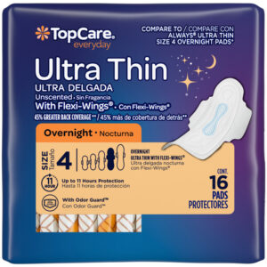 TopCare Everyday Ultra Thin Overnight Unscented Size 4 Pads with Flexi-Wings 16 Each